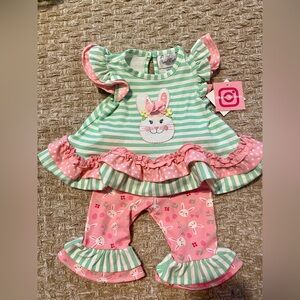 Rare Editions Mint Stripe & Pink Bunny Ruffle Outfit